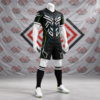 Black Custom Soccer Kit featuring a made to order futuristic neon graphic V-neck jersey, black shorts, and striped socks.