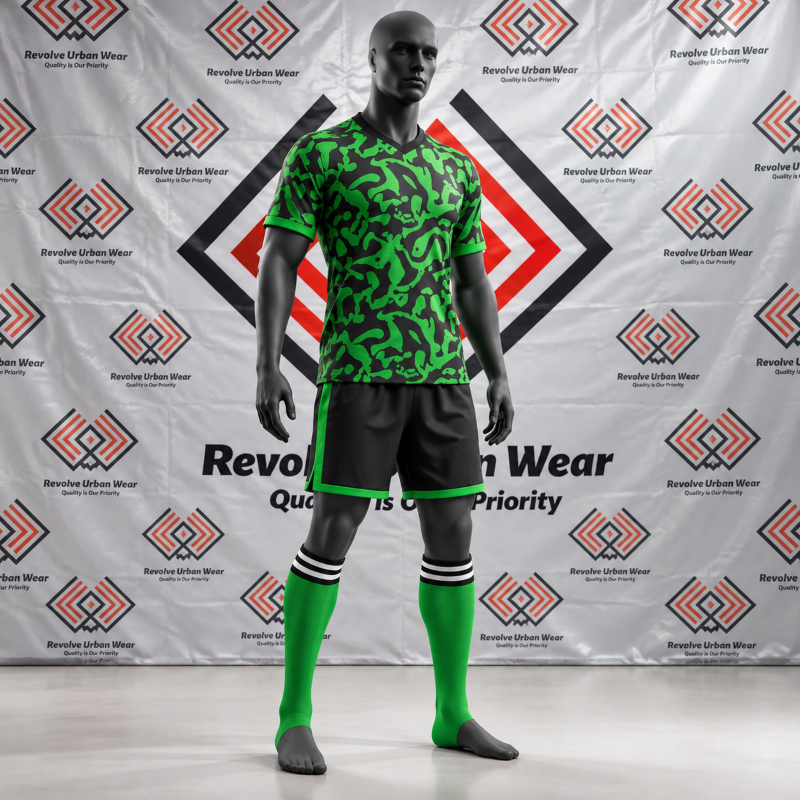 Green Black Soccer Kit featuring a made to order green and black organic camo graphic V-neck jersey, black shorts, and green socks.