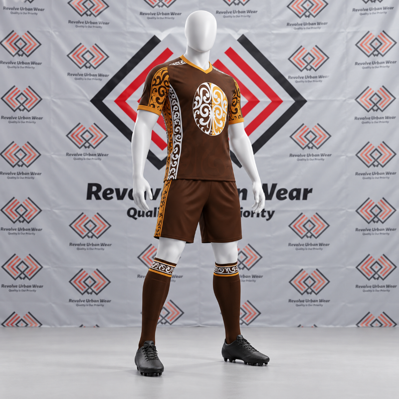 Brown Tribal Soccer Kit featuring a made to order chocolate brown jersey with orange and white Polynesian tribal graphics, matching shorts, and tribal socks.