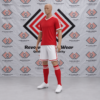 Red White Soccer Kit featuring a made to order red V-neck jersey with white shoulder stripes, white shorts, and red socks.