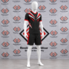Black Red Soccer Kit featuring a made to order black V-neck jersey with sharp red and white graphics, and black shorts with red stripes.