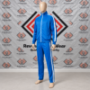 Custom blue and white tracksuit featuring a full-zip raglan jacket and straight-leg track pants on a mannequin.