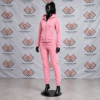 Custom pink hooded fleece tracksuit featuring a full-zip hoodie and tapered jogger sweatpants on a black mannequin.