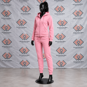 Custom pink hooded fleece tracksuit featuring a full-zip hoodie and tapered jogger sweatpants on a black mannequin.