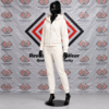 Custom cream hooded fleece tracksuit featuring a full-zip hoodie and tapered jogger sweatpants on a black mannequin