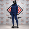 Custom navy blue hooded fleece tracksuit featuring a pullover hoodie and tapered jogger sweatpants on a black mannequin.
