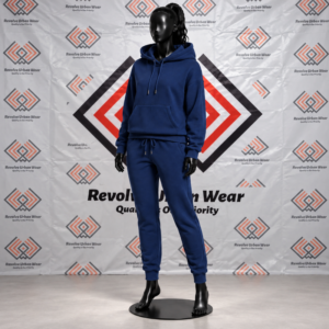 Custom navy blue hooded fleece tracksuit featuring a pullover hoodie and tapered jogger sweatpants on a black mannequin.