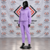 Custom lavender hooded fleece tracksuit featuring a pullover hoodie and tapered jogger sweatpants on a black mannequin.