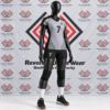 Grey Black Volleyball Kit featuring a made to order women's grey V-neck jersey with subtle tribal graphics and black athletic shorts on a mannequin.