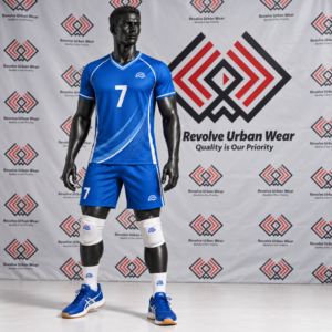 Blue White Volleyball Kit featuring a made to order men's blue V-neck jersey with white piping and sweeping lower torso graphics, and matching blue shorts.