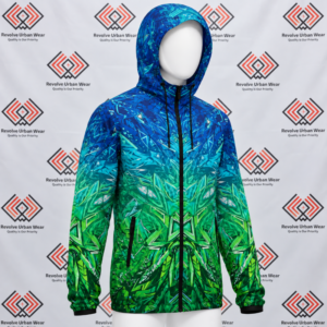 Custom blue and green windbreaker jacket featuring all-over geometric prism patterns, an adjustable hood, and zippered pockets on a white mannequin.